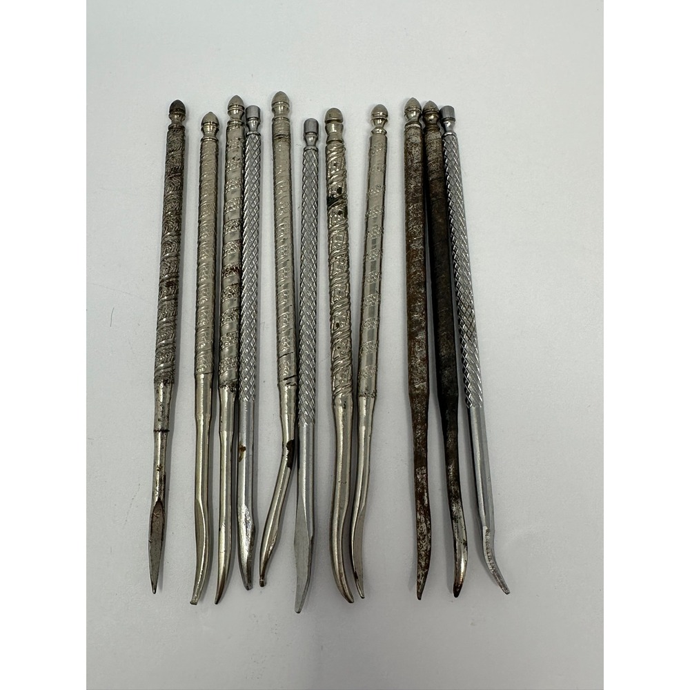 Vintage Metal Nut Picks Set of 11 Ornate Floral Knurled Silver Tone Tools A1